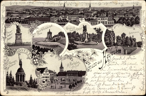 Litho Herford in Westfalen, Wittekind Denkmal, Kriegerdenkmal, Markt, Hermannsdenkmal, Externsteine