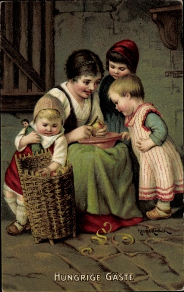 Artist PC Kaulbach, Hermann, hungry guests, woman peeling apple, children