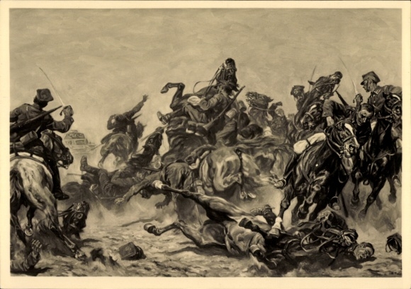Artist Postcard Rollof, Alfred, Destruction of Polish Cavalry by German Tanks, HDK 380