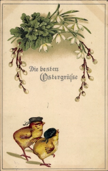 Postcard Congratulations Easter, chicks with hats, pussy willows, snowdrops