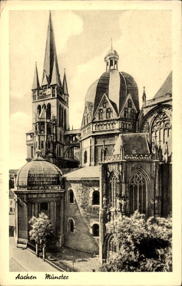 Ak Aachen, Aachen Münster, gotische Architektur, Türme, Kuppeln, Zeichnung