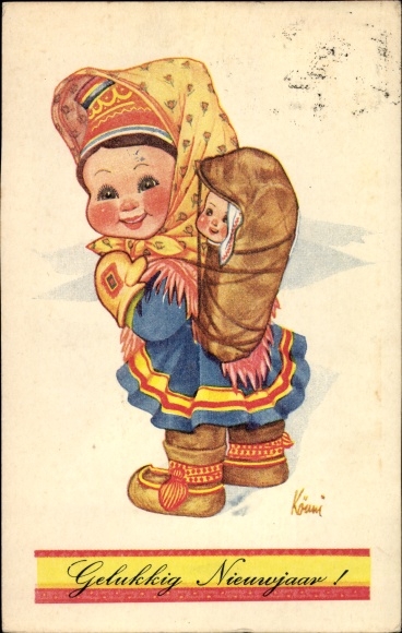 Artist Postcard Happy New Year, woman in Finnish costume with baby