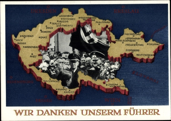 Postal stationery Postcard We thank our leader, Sudetenland, Bohemia, Moravia, Hitler