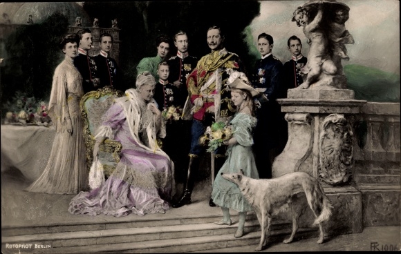 Artist PC Keller, F., Kaiser Wilhelm II., Empress Auguste Viktoria, Crown Prince Wilhelm, greyhound