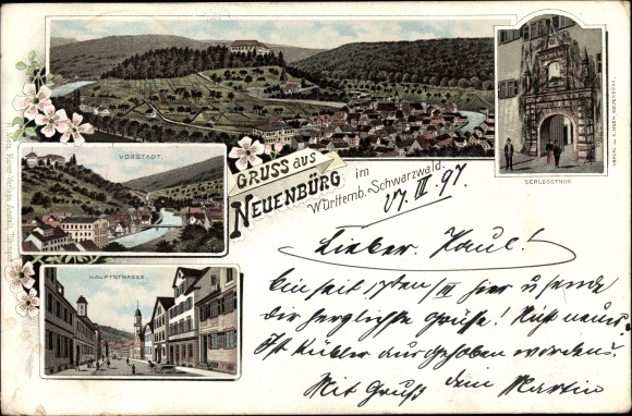 Chromo-Litho Neuenbürg in the Black Forest Württemberg, main street, suburb, total view