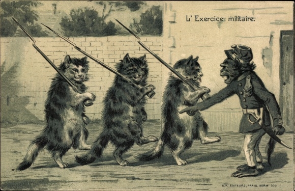 Embossed Chromo-Litho Humanized Cats and Chimpanzee, Bayonets