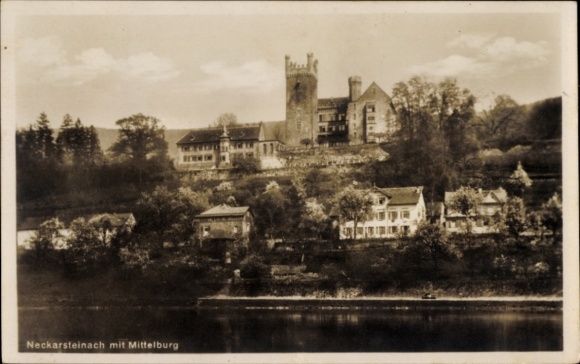Ak Mittelburg Neckarsteinach in Hessen, Schloss Mittelburg, Flussansicht, historische Architektur