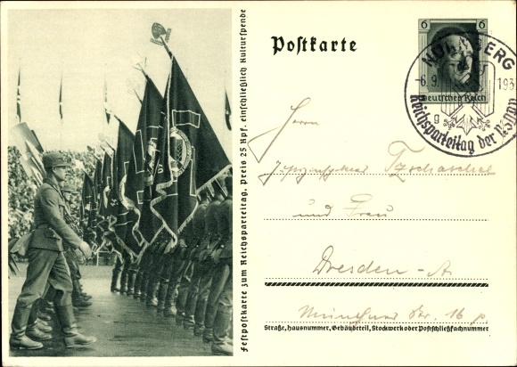 Ganzsachen Ak Nürnberg, Reichsparteitag 1937, Reichsarbeitsdienst, Arbeitsmänner, RAD Aufmarsch