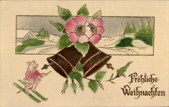 Präge Ak Glückwunsch Weihnachten, Glocken, Schwein fährt Ski
