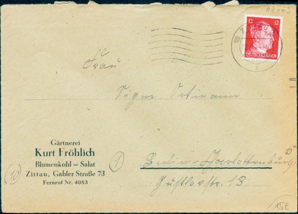 (10) Zittau 2 / b / 22.09.1944 Brief mit Hitler 12 Pf