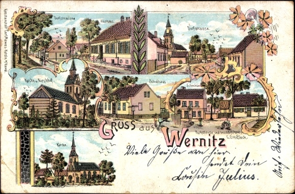 Chromo-Litho Wernitz Wustermark im Havelland, church, village street, school