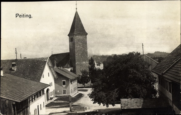 Postcard Peiting in Oberbayern, town view, church
