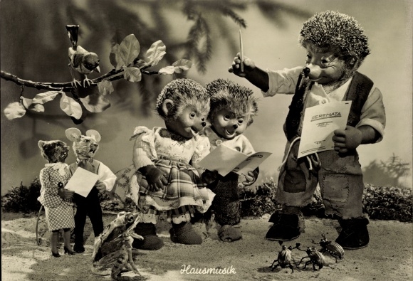Ak Mecki der Igel, Hausmusik, Igelkinder, Frosch, Mäuse, Maikäfer