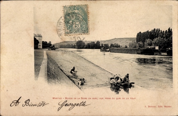 Ak Mantes Yvelines, Bords de la Seine en Aval, Vue Prise du Quai de la Tour