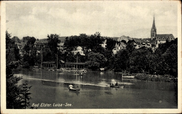 Postcard Bad Elster in Vogtland, Luisa Lake, water surface, boats, shore vegetation, church in the background