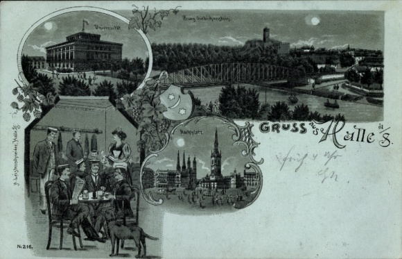 Mondschein Litho Halle Saale, Universität, Burg Giebichenstein, Marktplatz, Hund