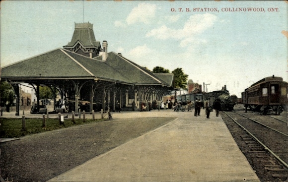 Postcard Collingwood Ontario Canada, train station, track view