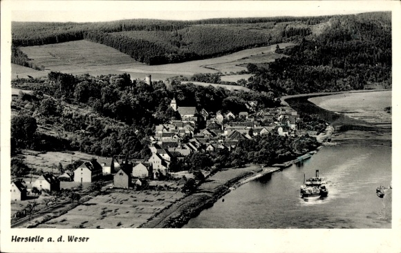 Postcard Herstelle Beverungen on the Weser, aerial photo, steamer