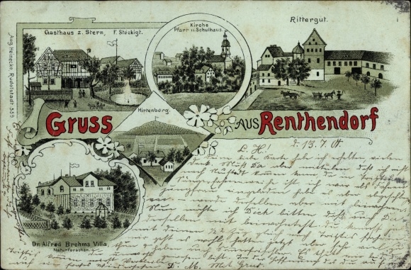 litho Renthendorf in Thüringen, Gasthaus zum Stern, landhuis, kerk, Dr. De villa van Alfred Brehm