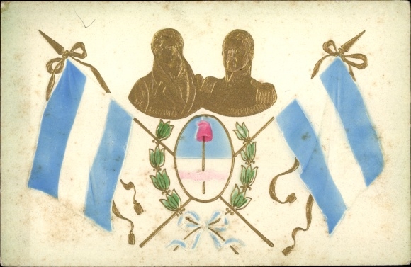 Embossed coat of arms of Argentina, portraits, flags