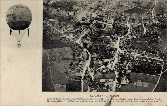 Postcard Clausthal in the Harz Mountains, aerial photography, balloon glider