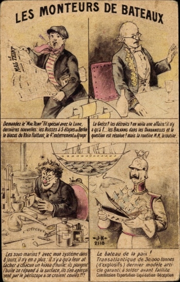 Ak Französische Kriegsschiffe, U-Boote, Karikatur Kaiser Wilhelm II.