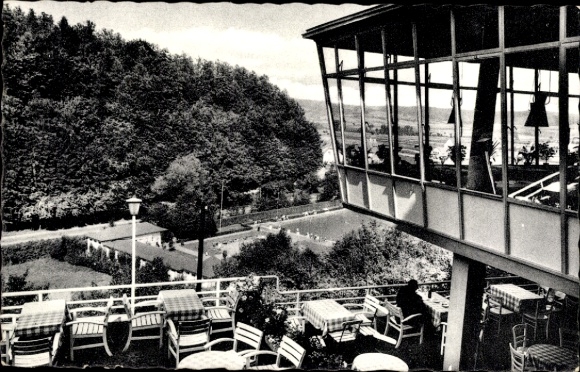 Postcard Bad Driburg in Westphalia, view from Cafe Falkenhöhe to the swimming pool