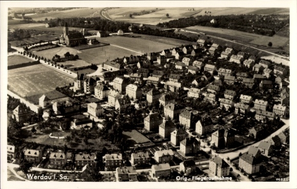 Postcard Werdau in Saxony, aerial view of many houses, fields, church