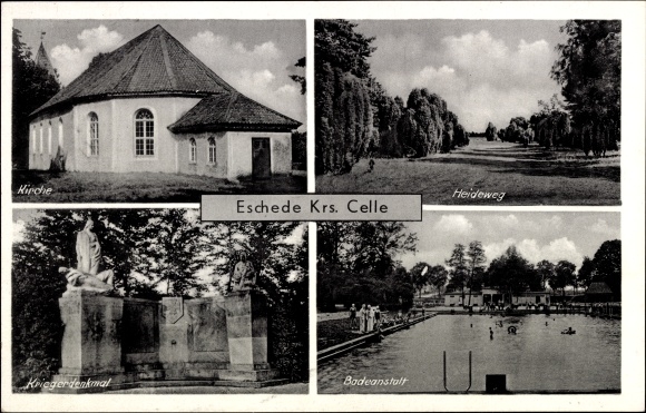 Ak Eschede op de Lüneburger Heide, Heideweg, openbare baden, kerk, oorlogsmonument