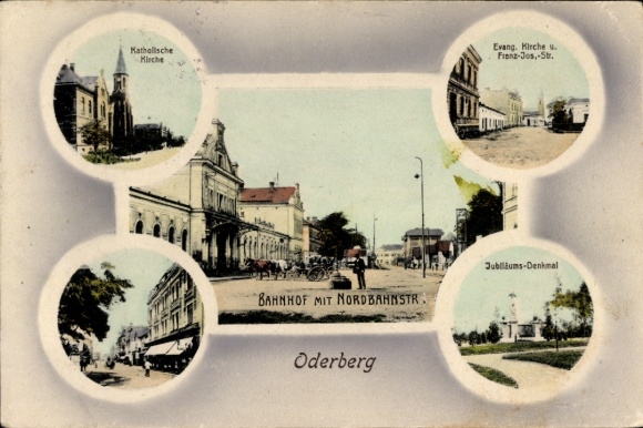 Passepartout Ak Bohumín Oderberg Reg. Mährisch Schlesien, Kath. Kirche, Bahnhof