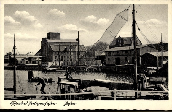 Postcard Ostseebad Heiligenhafen in Holstein, harbor, fishing boat