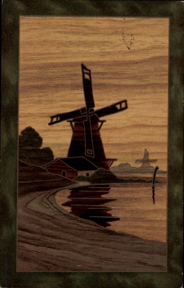 Artist Postcard landscape motif, windmills on the shore