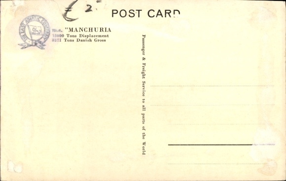 Postcard Steamer MS Manchuria, East Asian Company Copenhagen