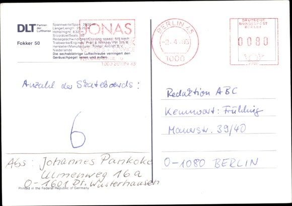 Postcard Dutch passenger aircraft Fokker 50