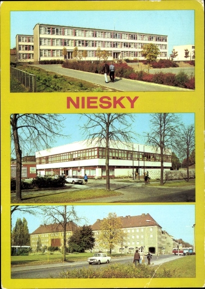 Postcard Niesky in Oberlausitz, city views, high school, cultural center, Zinsdorfplatz