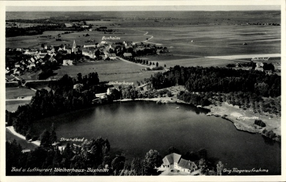 Ak Buxheim in Schwaben, Weiherhaus, Strandbad, Bahnhof, Fliegeraufnahme