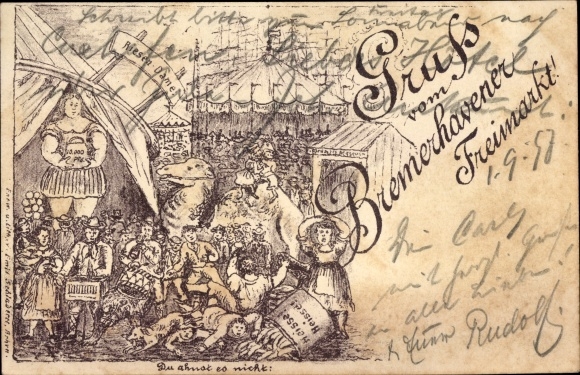 Chromo-Litho Bremerhaven, free market, fairground rides, giant lady