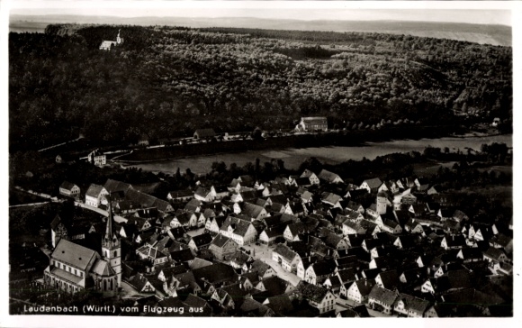 Postcard Laudenbach am Main Lower Franconia, aerial view of church, houses, river