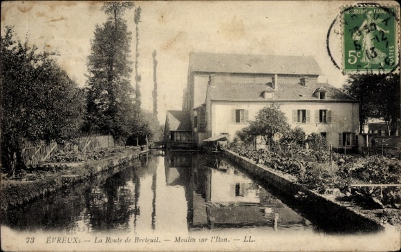Postcard Évreux Eure, Moulin sur l'Iton, La Route de Breteuil, water, nature, buildings