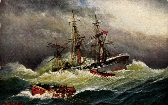 Artist Postcard Sailing ship sinking, lifeboat