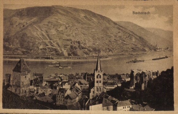 Bacharach am Rhein, town view of Rhine valley, hills, ships on the Rhine