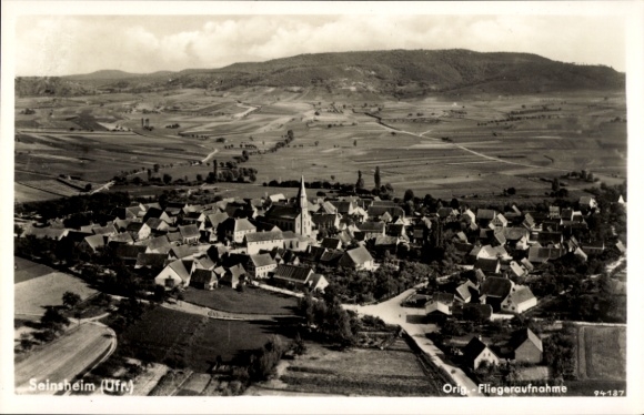 Postcard Seinsheim in Lower Franconia, aerial photograph, village view, church, rural surroundings