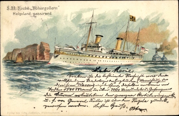 Kunstenaar in reliëf litho Siehl, JG, stoomboot SMY Hohenzollern, Helgoland