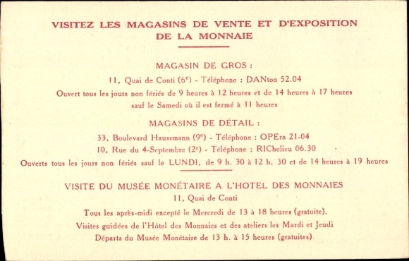 KP Paris VI, Monnaie de Paris, Quai de Conti, Mennica Państwowa, Wystawa, Monety