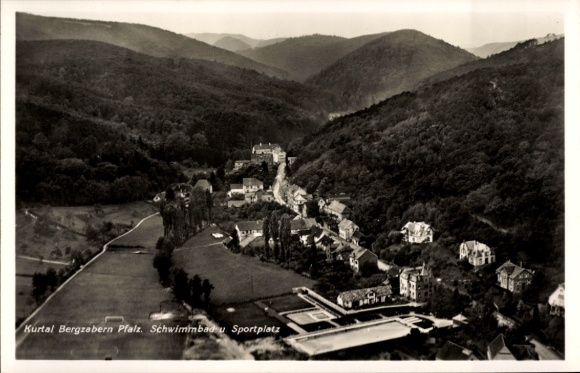 Postcard Bad Bergzabern on the Palatinate Wine Route, swimming pool, sports field, aerial photograph
