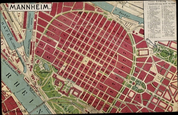 City map Postcard Mannheim in Baden, total view, castle garden, Rhine, Neckar, harbor