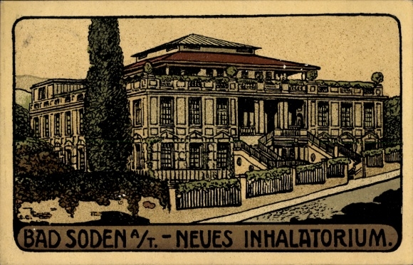 Lithograph Postcard Bad Soden am Taunus Hessen, New Inhalatorium