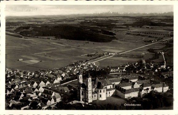 Postcard Ottobeuren in Upper Swabia Allgäu, aerial view of monastery, landscape, buildings