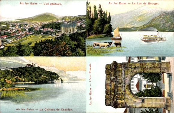 Ak Aix les Bains Savoie,  See, Schloss, Römische Ruine, Landschaft