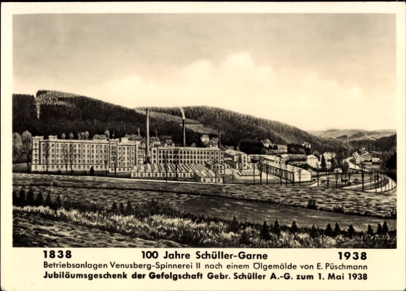 Ak Venusberg Drebach im Erzgebirge, Baumwollspinnerei und Zwirnerei Gebr. Schüller, 1838-1938